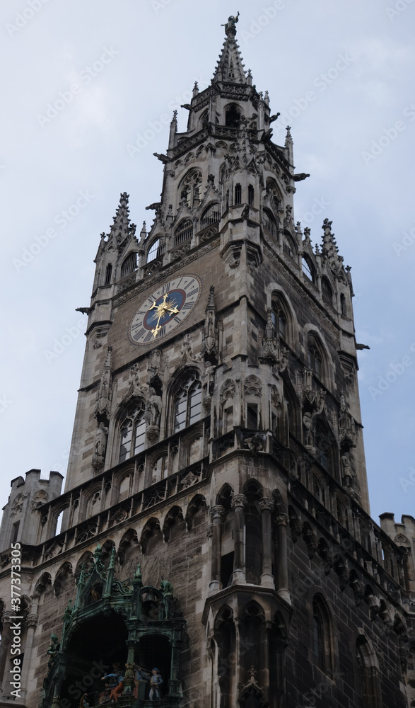 Fototapeta premium Clock Tower or Glockenspiel of Rathaus (New Town Hall) on Marienplatz square, Munich, Bavaria, Germany. It is old landmark of Munich.