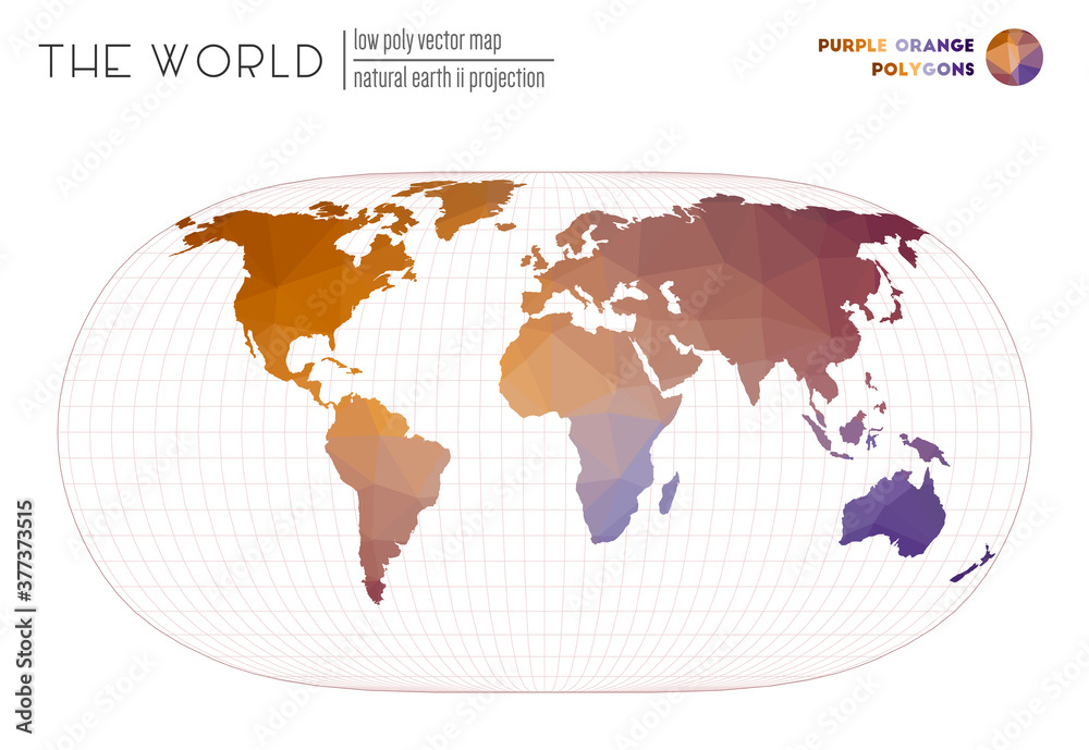 Polygonal world map. Natural Earth II projection of the world. Purple and Orange colored polygons. Elegant vector illustration.