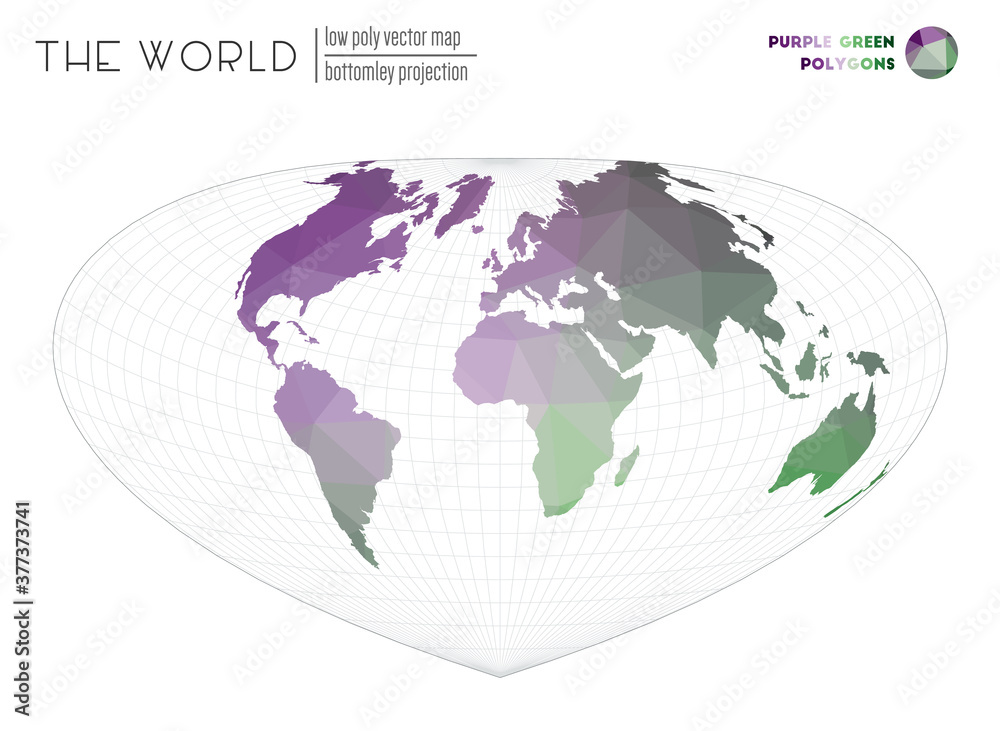 Polygonal map of the world. Bottomley projection of the world. Purple and Green colored polygons. Stylish vector illustration. Polygonal map of the world. Bottomley projection of the world. Purple and Green colored polygons. Stylish vector illustration.