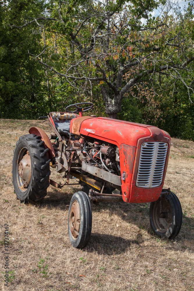Vieux tracteur rouge exposé dans un champ Vieux tracteur rouge exposé dans un champ