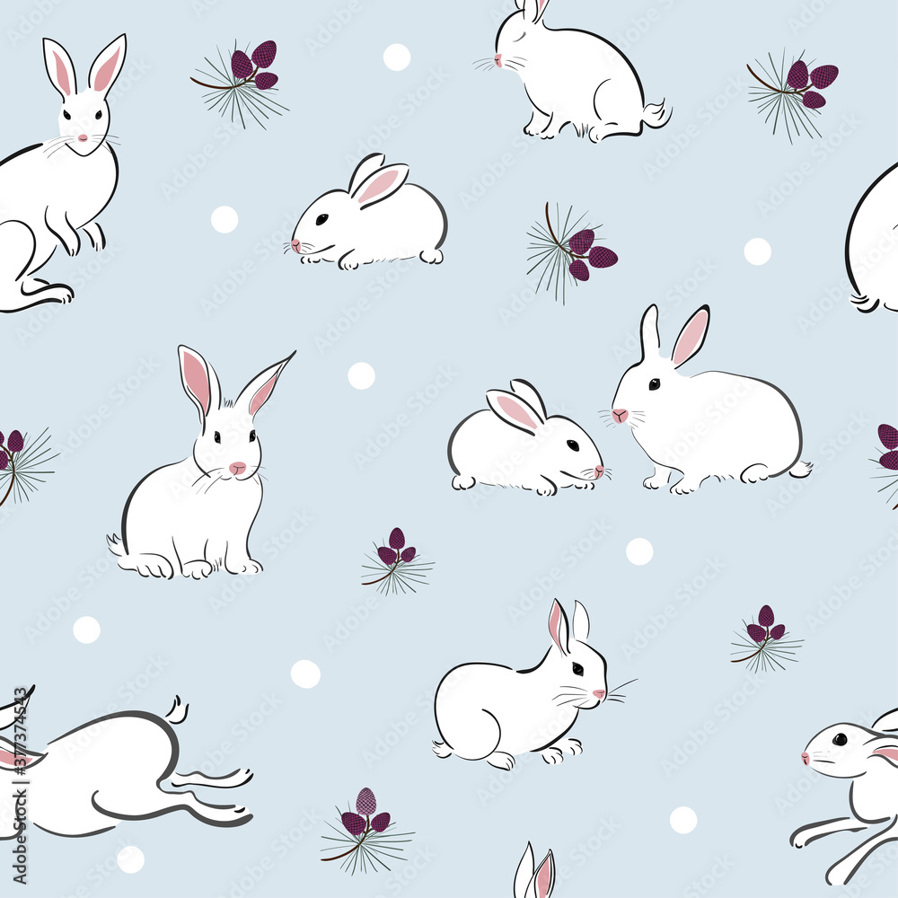 Seamless pattern with cute rabbit in oriental style with a pine cone on a blue background. Winter scene with hare and snow.