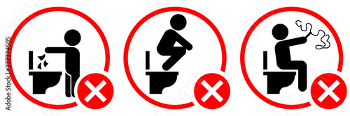 Warning toilet vector sign set isolated on white background, do not step on the seat, litter in toilet and write on wall of the toilet