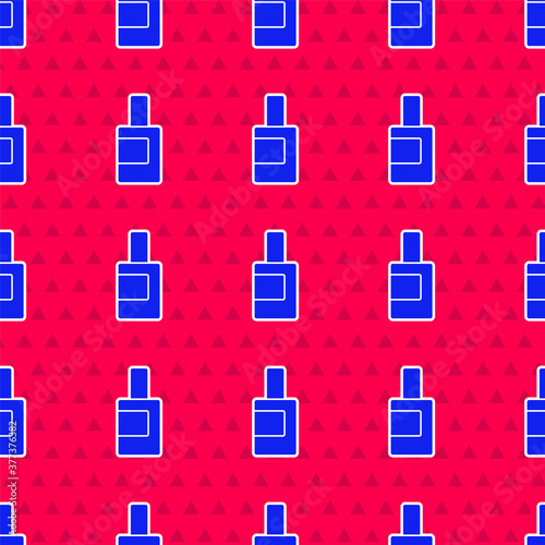 Blue Plastic bottle for laundry detergent, bleach, dishwashing liquid or another cleaning agent icon isolated seamless pattern on red background. Vector.
