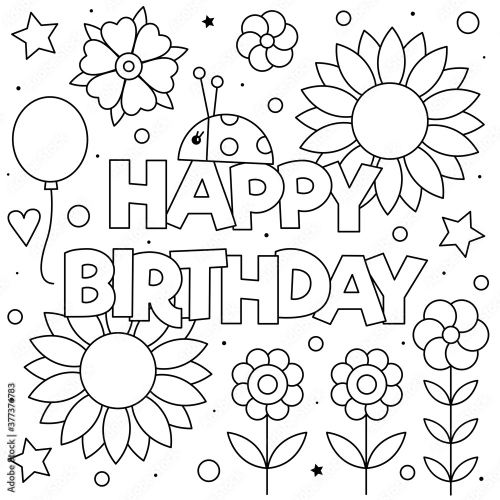 Happy Birthday. Coloring page. Black and white vector illustration