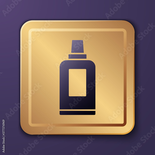 Purple Plastic bottle for laundry detergent, bleach, dishwashing liquid or another cleaning agent icon isolated on purple background. Gold square button. Vector.