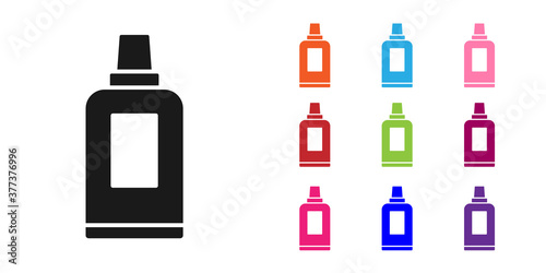 Black Plastic bottle for laundry detergent, bleach, dishwashing liquid or another cleaning agent icon isolated on white background. Set icons colorful. Vector.