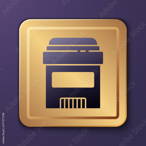 Purple Antiperspirant deodorant roll icon isolated on purple background. Cosmetic for body hygiene. Gold square button. Vector.