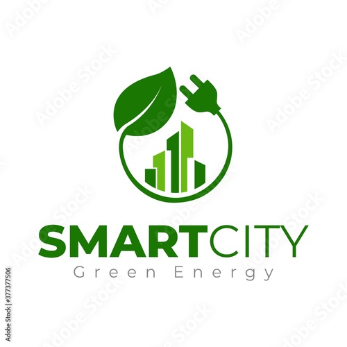 Eco-city logo template. Smart city logotype. Green city logo. Eco building tower with power plug and leaf. Eco energy.