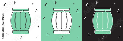 Set Gun powder barrel icon isolated on white and green, black background. TNT dynamite wooden old barrel. Vector.