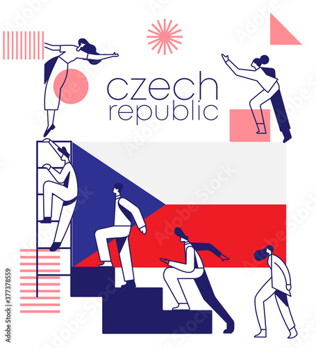 Group of office workers climbing the stairs of success with national flag and geometrical elements isolated on white background : Vector Illustration