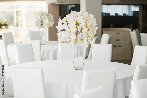 Empty restaurant luxury interior background. Empty chair and table inside room photo. White restaurant interior.