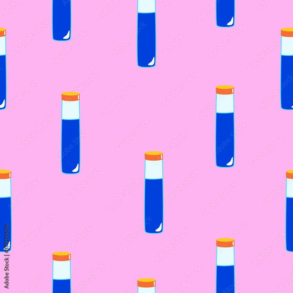 Seamless pattern with blue magic potion bottles on pink background. Cartoon style. Fairy tale drink. Pharmacy and chemistry. Cosmetics and skin care. Medicine and health care. For packaging design Seamless pattern with blue magic potion bottles on pink background. Cartoon style. Fairy tale drink. Pharmacy and chemistry. Cosmetics and skin care. Medicine and health care. For packaging design