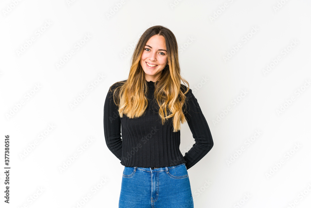 Young caucasian woman isolated on white background happy, smiling and cheerful. Young caucasian woman isolated on white background happy, smiling and cheerful.