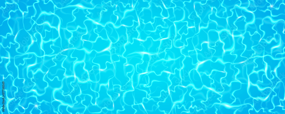 Swimming pool rippled with sun reflection. Blue water surface long banner. Bright ripples pattern. Summer waves background. Realistic swimming pool top view. Vector illustration