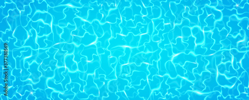Swimming pool rippled with sun reflection. Blue water surface long banner. Bright ripples pattern. Summer waves background. Realistic swimming pool top view. Vector illustration