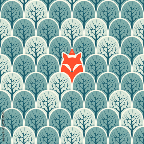 Fox in a forest seamless pattern. Vector design background.