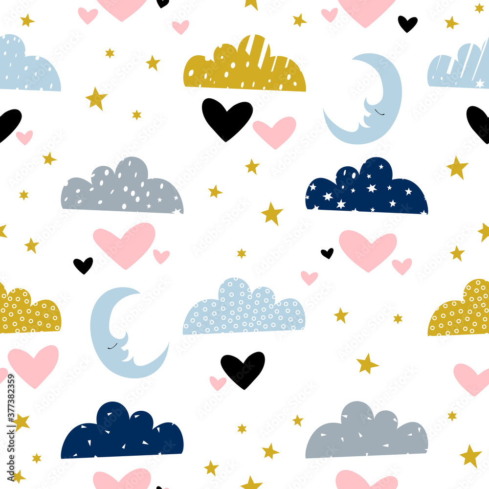 Obraz premium Seamless moon and clouds pattern vector illustration