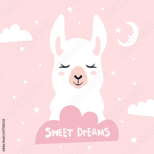 Sweet dreams quote with doodles. Cute cartoon llama vector design