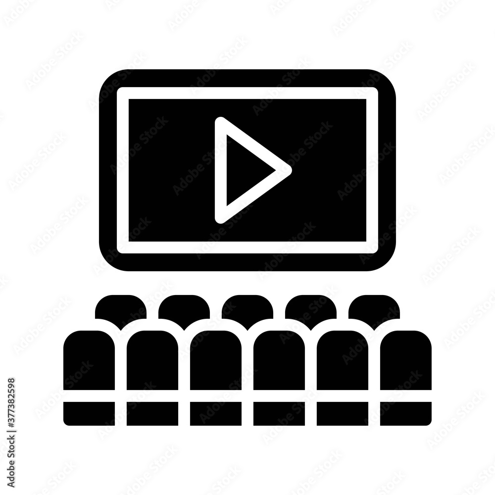 free time related cinema screen with paly button and chairs vector in solid design, free time related cinema screen with paly button and chairs vector in solid design,