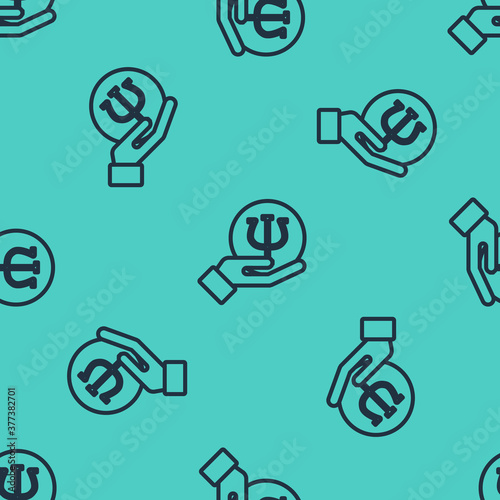 Black line Psychology icon isolated seamless pattern on green background. Psi symbol. Mental health concept, psychoanalysis analysis and psychotherapy. Vector.