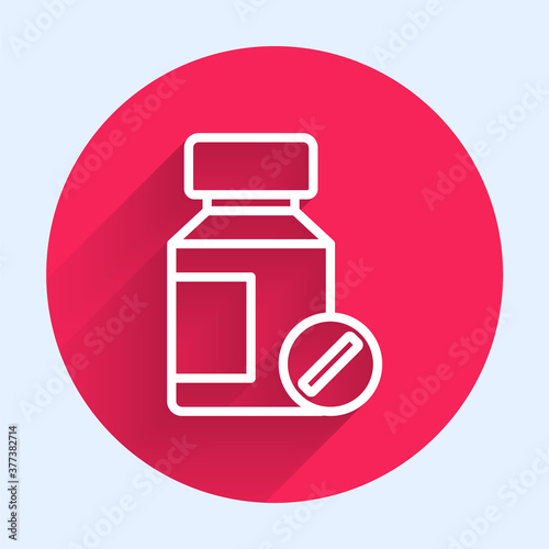 White line Sedative pills icon isolated with long shadow. Red circle button. Vector.