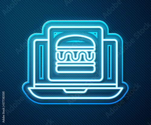 Glowing neon line Online ordering and burger delivery icon isolated on blue background. Vector.