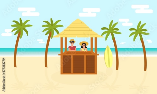Man and a woman in a summer bar on the beach. Vacation at the resort. Flat. Vector illustration.