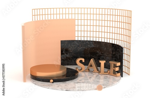 Abstract sale scene with geometric forms.Cylinder marble and gold podium in white background. Product presentation, sale, mock up, platform. 3d render