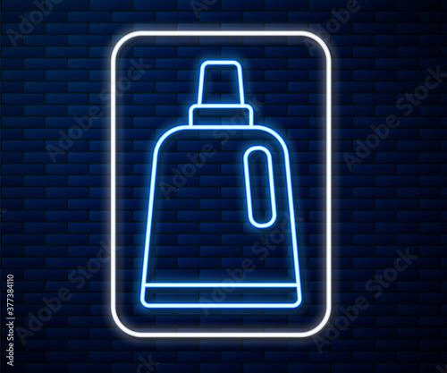 Glowing neon line Plastic bottle for laundry detergent, bleach, dishwashing liquid or another cleaning agent icon isolated on brick wall background. Vector.