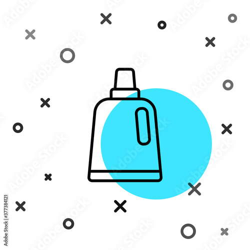 Black line Plastic bottle for laundry detergent, bleach, dishwashing liquid or another cleaning agent icon isolated on white background. Random dynamic shapes. Vector.