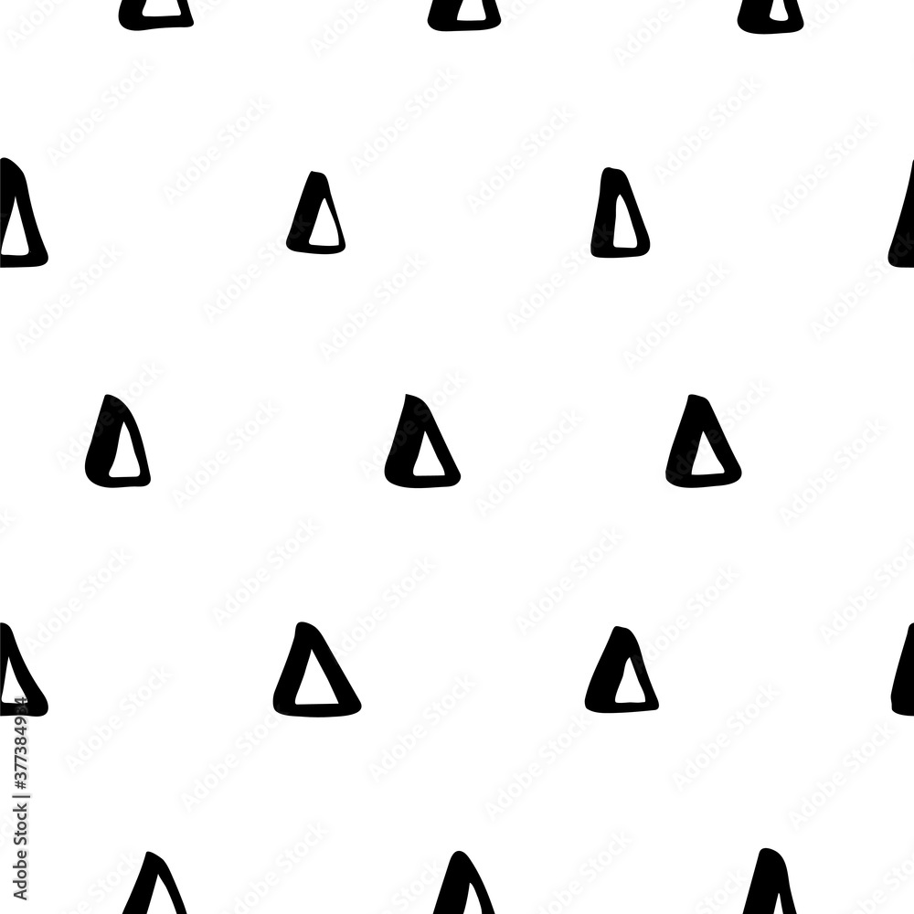Triangles. Vector seamless pattern. Handdrawn with brush and traced. Black and white, customized color. For printing on fabric or paper. Simple abstract graphic surface pattern design.
Triangles. Vector seamless pattern. Handdrawn with brush and traced. Black and white, customized color. For printing on fabric or paper. Simple abstract graphic surface pattern design.