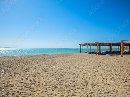 Crystal clear azure water - Orange Bay Beach with white beach - paradise coastline of Giftun island  Mahmya  Hurghada  Red Sea  Egypt