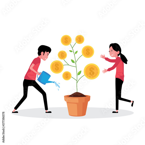 A cartoon showing business growth feature man and woman watering a money tree