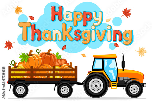 Tractor and trailer with pumpkins. Thanksgiving Day
