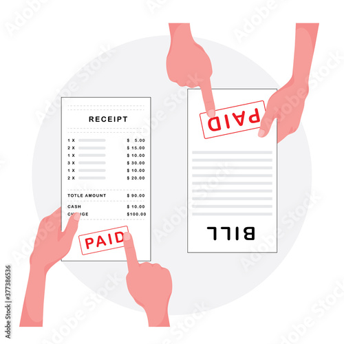 A cartoon showing bill payment feature people point on paid word in an invoice
