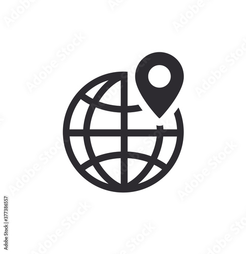 Globe Icon. World symbol. Circle globe. Icon world. Globe symbol. Earth sign. Planet Earth. Location on globe. Pin on Earth. Pointer on map. GPS sign. Map navigation. Logo template.