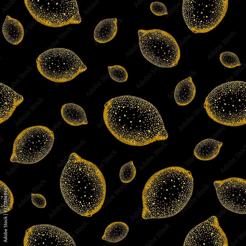 Lemon fruit, stylized lemon vector image, seamless pattern, yellow neon lemons on a black background.