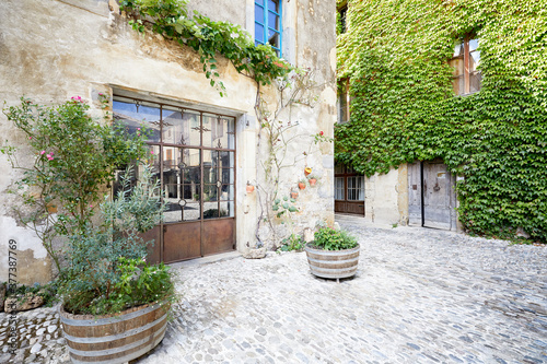 Fototapeta Naklejka Na Ścianę i Meble -  A 2020 view of an old house in a quiet square with ivy and plants in Lagrasse, Languedoc, South of France