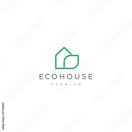 green house with leaf logo. mono line art concept of nature home vector elements stock illustration
