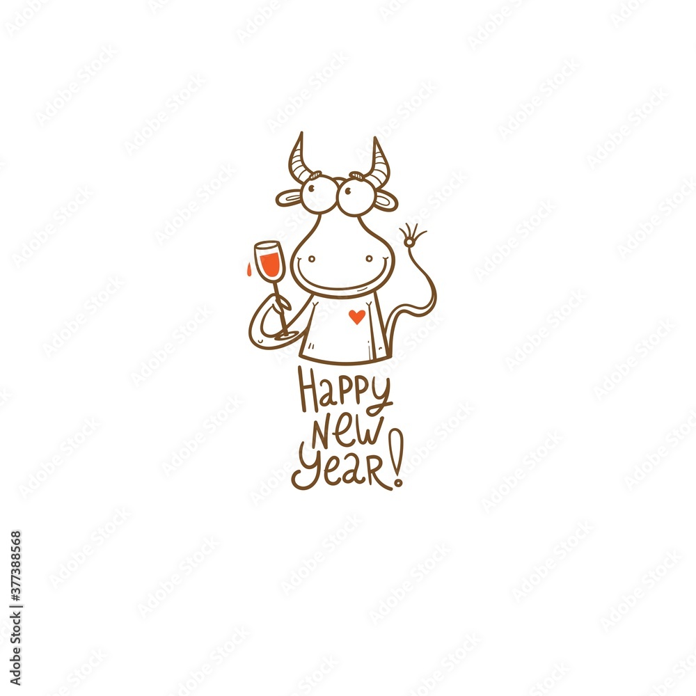 New Year card with a bull. Chinese calendar symbol. Vector holiday poster. Funny animal. New Year card with a bull. Chinese calendar symbol. Vector holiday poster. Funny animal.