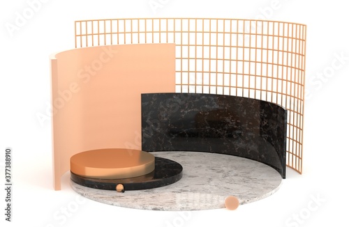 Abstract podium scene with geometric forms. Cylinder marble and gold podium in white background. Product presentation, mock up, platform. 3d render
