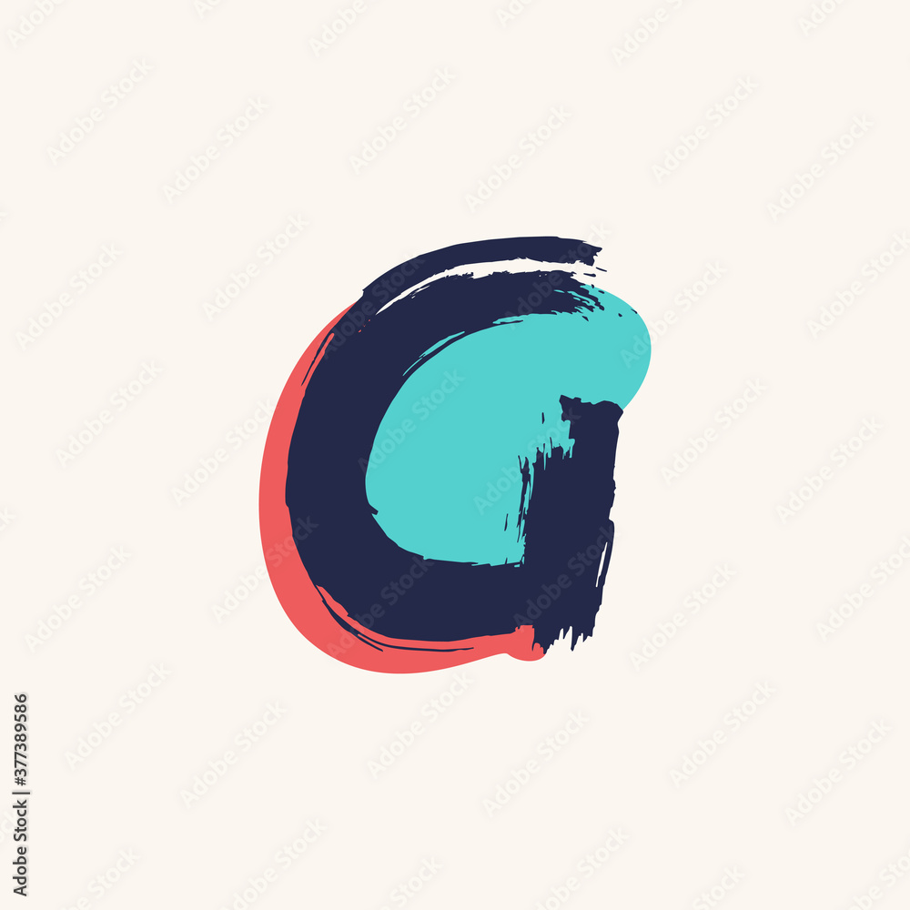 Fototapeta premium Kid style G letter logo handwritten with dry brush and watercolor spots.