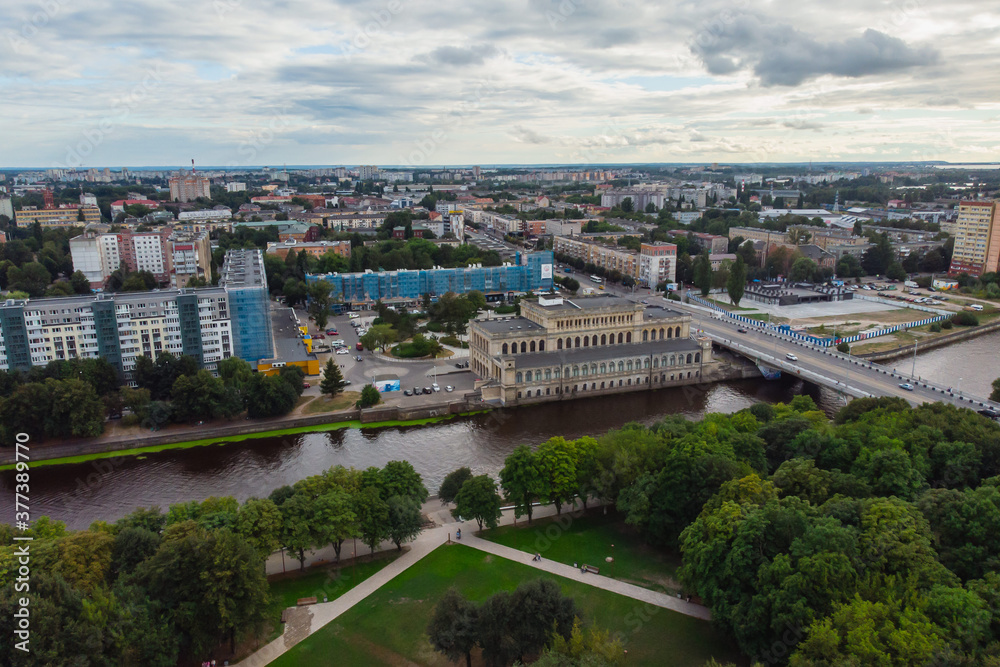 Aerial view of a Kaliningrad, former Koenigsberg, Kaliningrad Oblast, Russia, with Fishermen Village and Konigsberg Cathedral