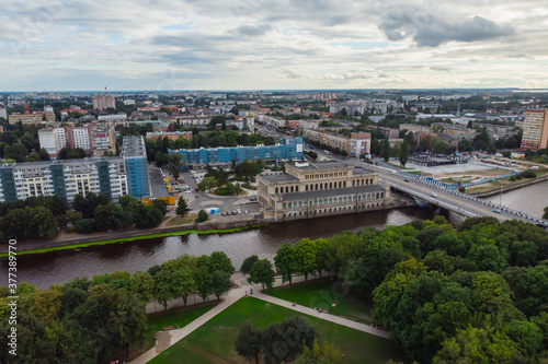 Aerial view of a Kaliningrad, former Koenigsberg, Kaliningrad Oblast, Russia, with Fishermen Village and Konigsberg Cathedral