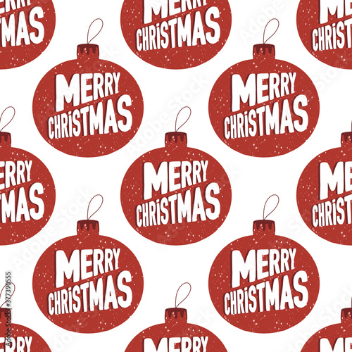 Seamless pattern made from hand drawn Christmas tree balls with snowing effect and Merry Christmas lettering inside. Isolated on a white background.
