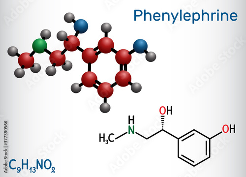 Phenylephrine molecule. It is nasal decongestant with potent vasoconstrictor property. Structural chemical formula and molecule model