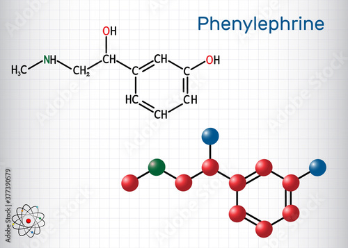Phenylephrine molecule. It is nasal decongestant with potent vasoconstrictor property. Structural chemical formula and molecule model. Sheet of paper in a cage.