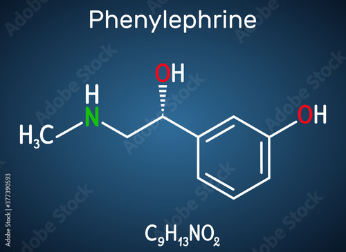 Phenylephrine molecule. It is nasal decongestant with potent vasoconstrictor property. Structural chemical formula on the dark blue background