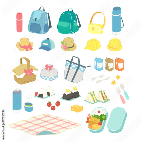 Set of elements for picnic with delicious food and drinks.
