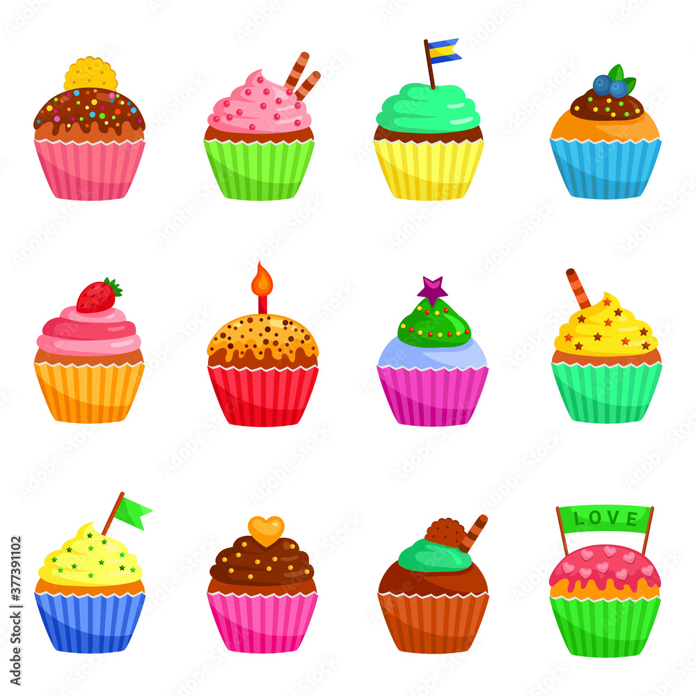 Cupcakes icons set. Muffins decorated with cookie, sprinkles,, flag, berries, candle, stars. Cupcakes icons set. Muffins decorated with cookie, sprinkles,, flag, berries, candle, stars.